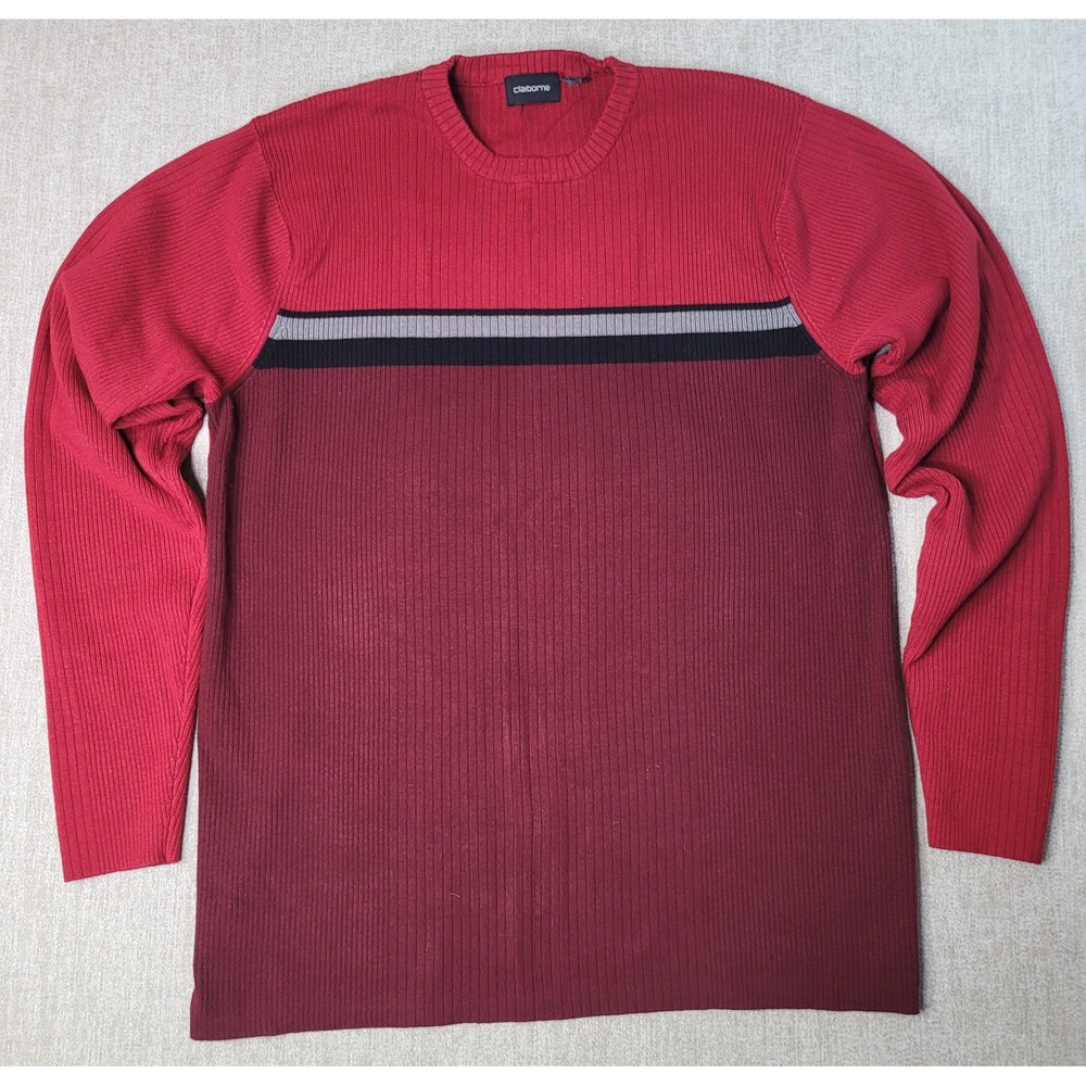 Claiborne Sweater Mens L Red Striped Ribbed Knit Long Sleeve Crewneck